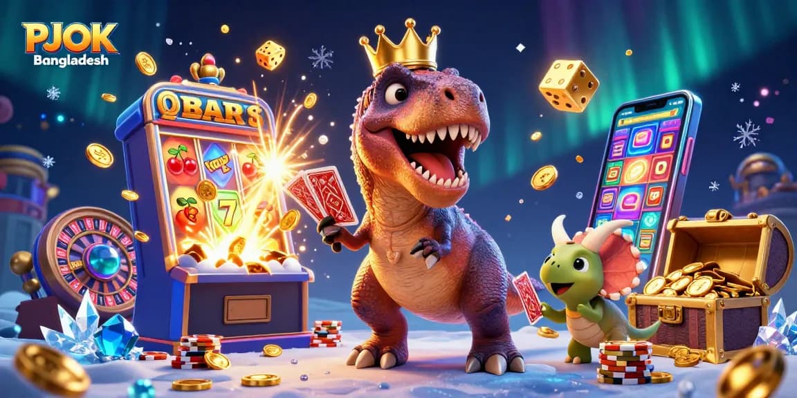 PJOK Bangladesh showcases a vibrant 3D scene featuring a T-Rex, pterodactyl, and triceratops in a captivating casino environment.