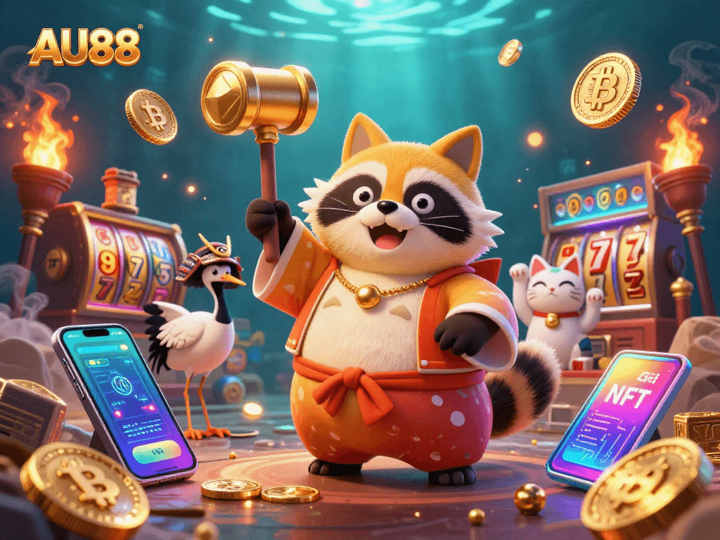 Engage with the exciting world of AU88, where cheerful tanuki and crypto-infused characters create a vibrant casino atmosphere.