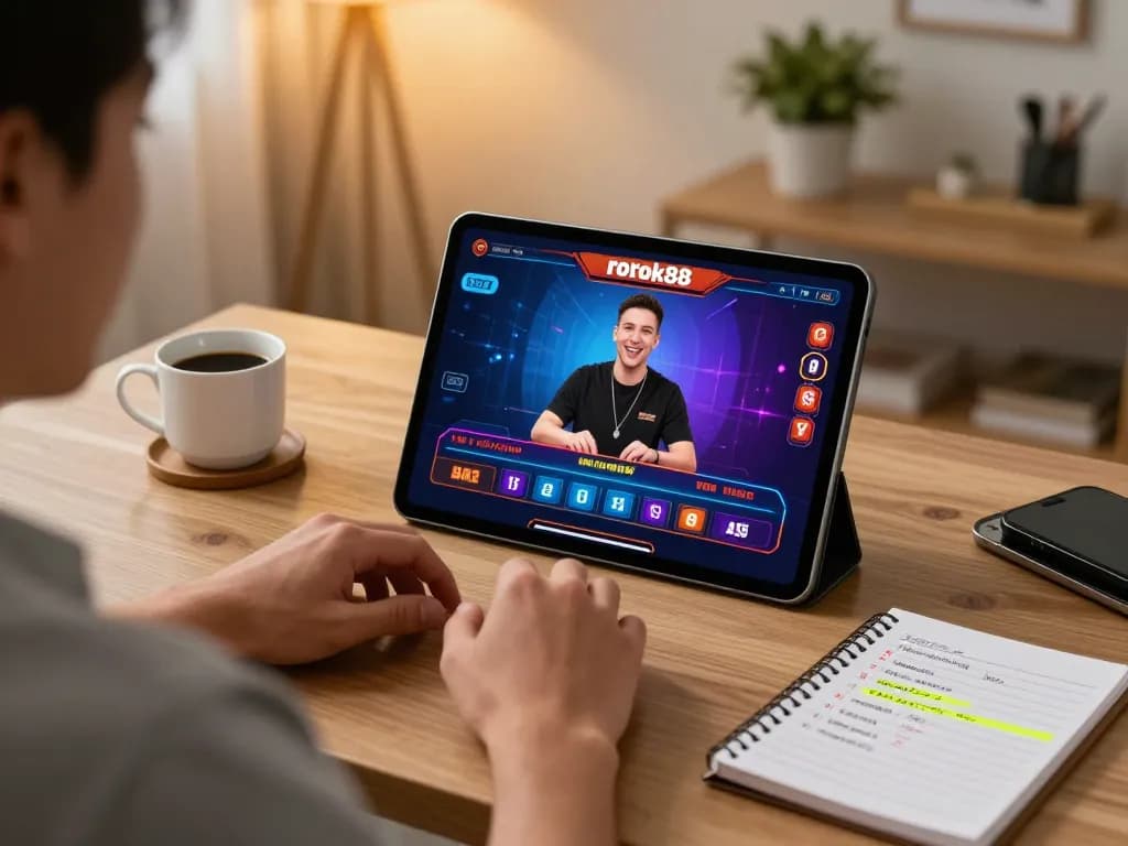 Experience the excitement of online gaming with rokok88 on a tablet, featuring a live dealer.