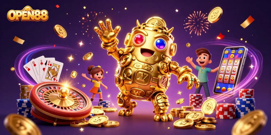 Experience the excitement of OPEN88 with a golden golem surrounded by casino treasures.