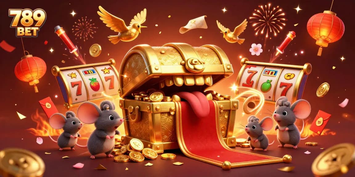 Spin and win with 789 BET in this vibrant casino scene filled with treasures and rewards.