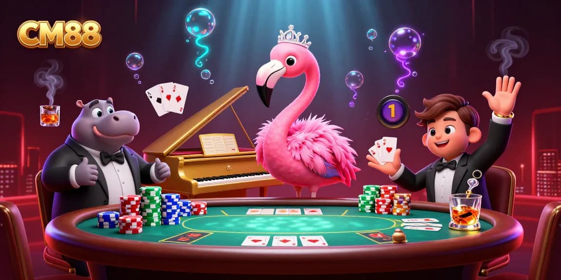 Experience exciting games with CM88, featuring a vibrant casino scene filled with poker and energetic characters.