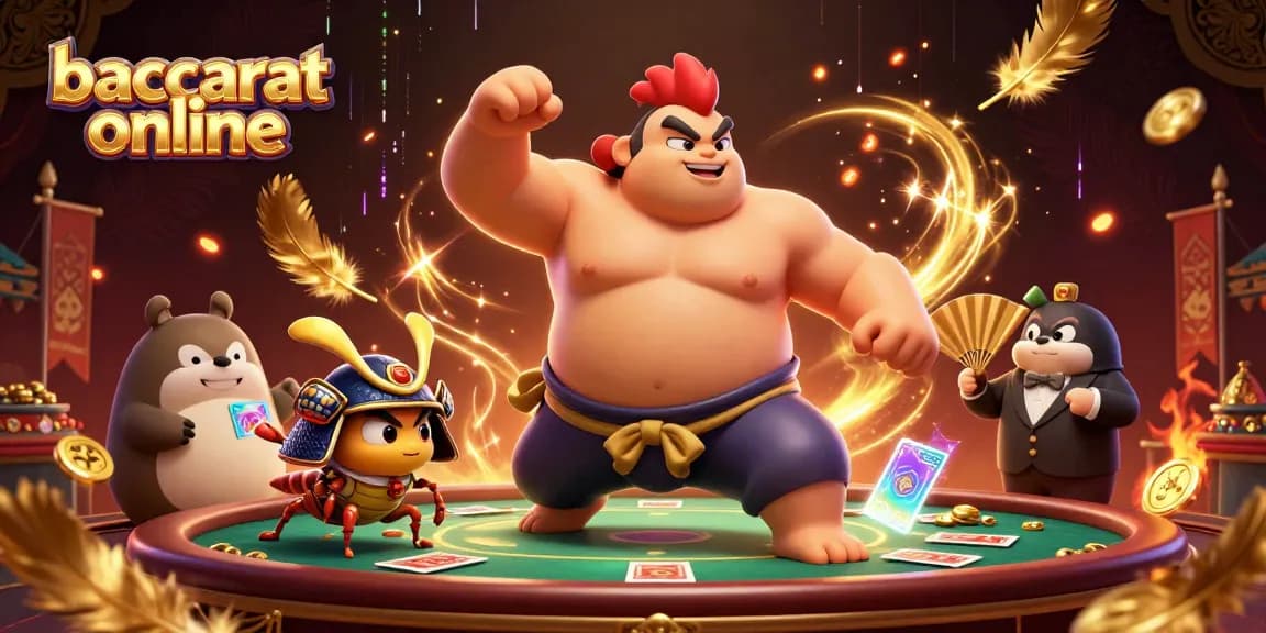 Engage in baccarat online with vibrant 3D characters in a dynamic casino scene.
