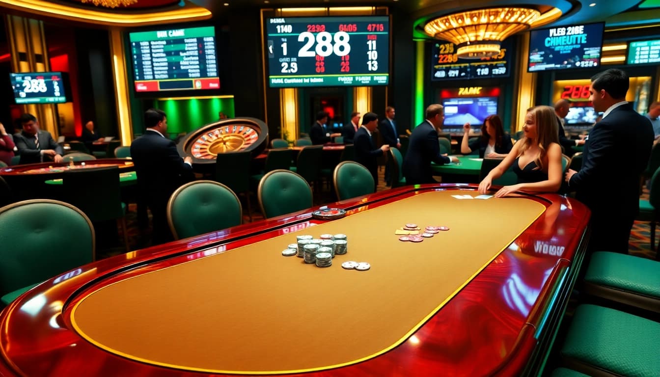 Experience the thrill of 288 T at an elegant casino poker table with vibrant colors and professional dealers.
