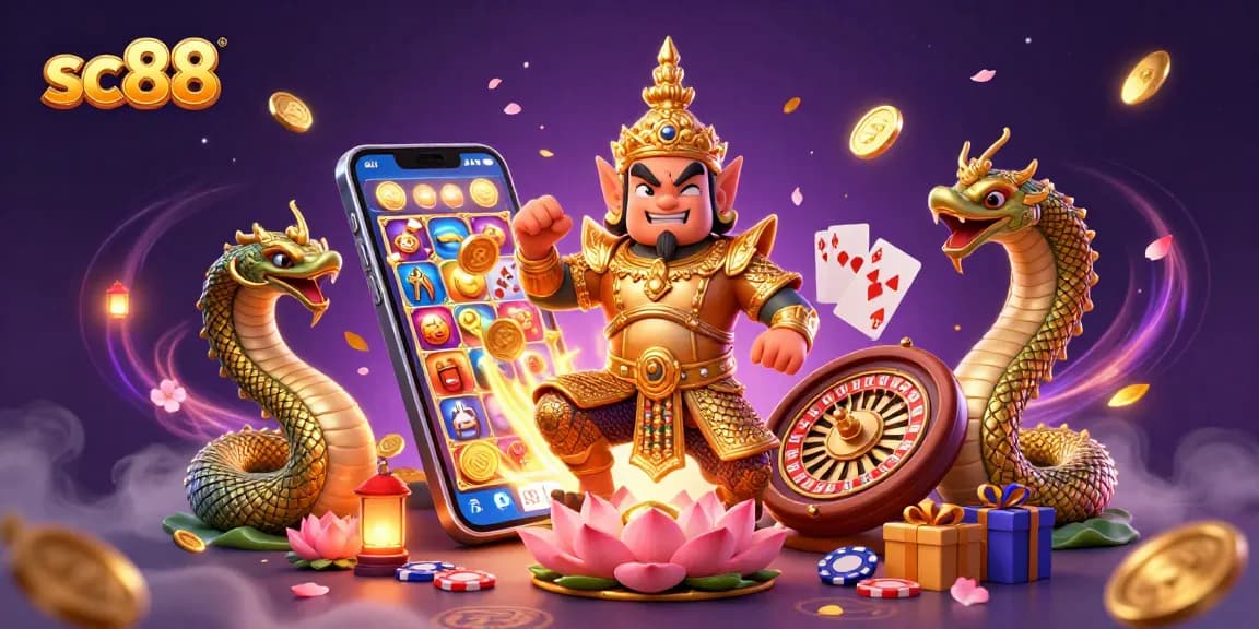 Experience thrilling gameplay with sc88 in this vibrant digital casino scene featuring a guardian and exciting slot action.