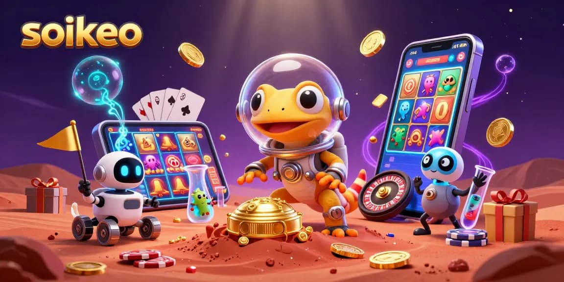 Join the Martian gecko in the soikeo casino adventure with a vibrant slot game scene!