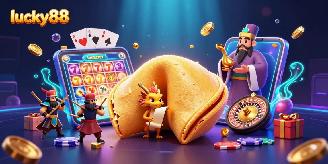 Experience the thrill of lucky88 with a vibrant casino illustration featuring unique characters and dynamic game elements.