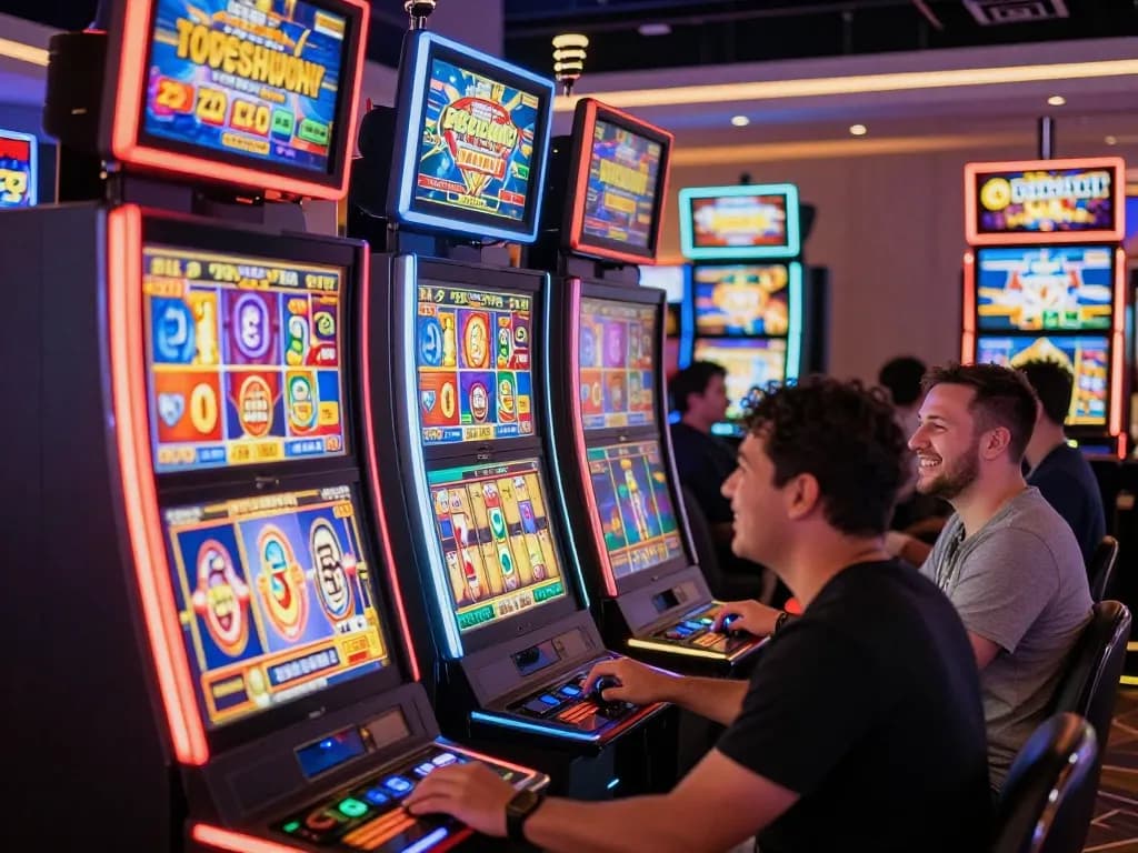 Players celebrating wins at a vibrant slot machine area, highlighting rikvip's lively gaming experience.