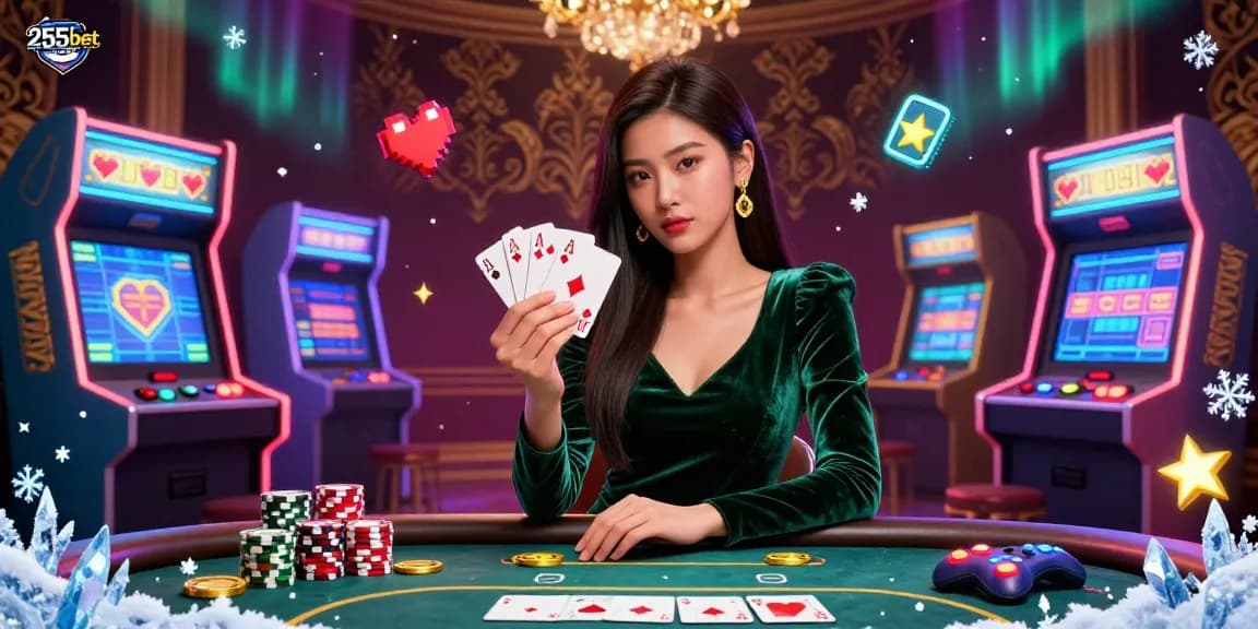 Experimente emocionantes jogos de cartas na 255bet com uma deslumbrante ilustração de dealer asiático.