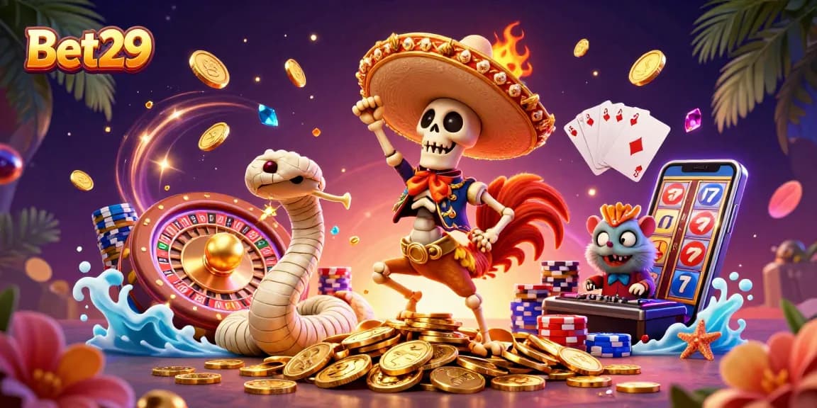Bet29 offers gamers a thrilling experience with a vibrant cartoon casino scene filled with action and excitement.