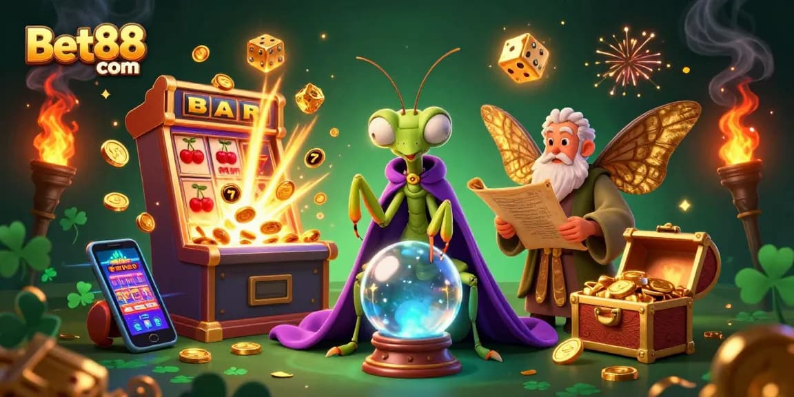 Experience excitement at Bet88 com with dynamic game elements and enchanting characters in a magical casino illustration