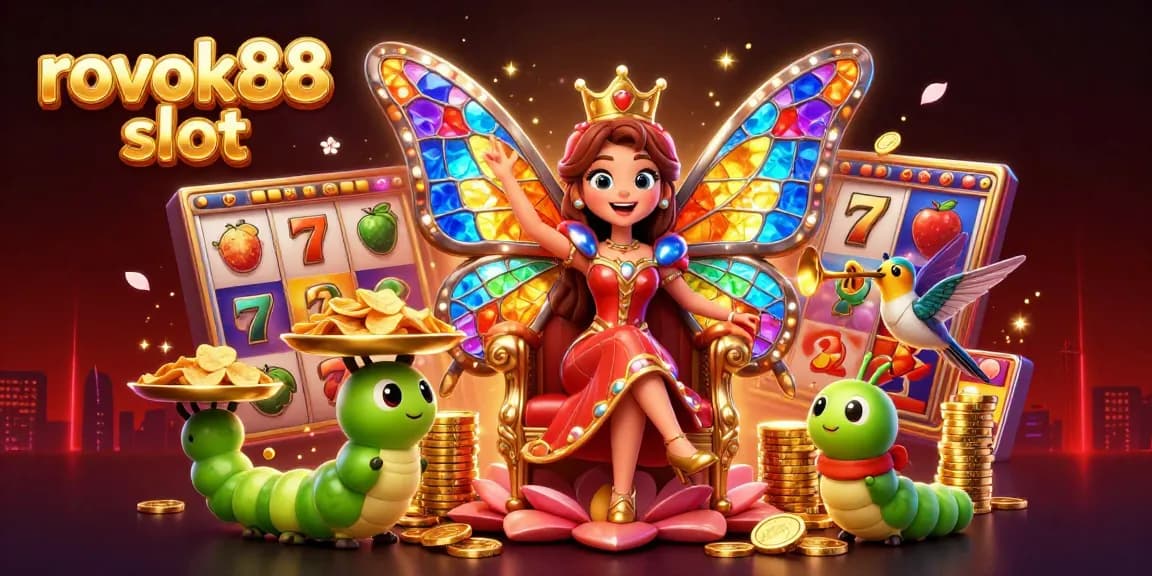 Engage with thrilling rokok88 slot action, featuring vibrant slots, a butterfly queen, and colorful chips.