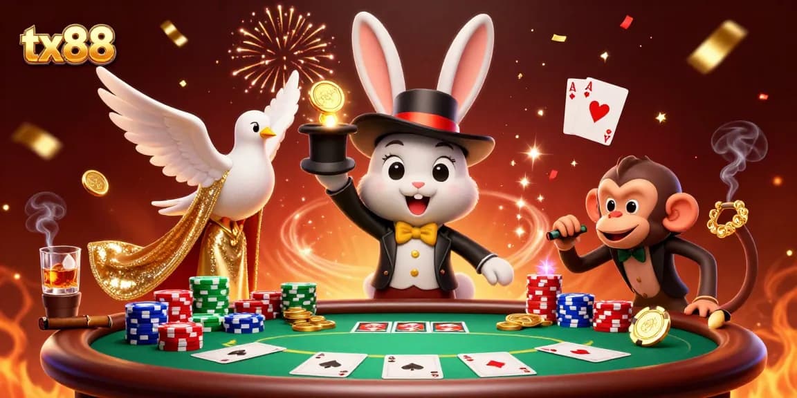 Spin the reels with tx88 as a magician rabbit and friends reveal poker chip treasures!