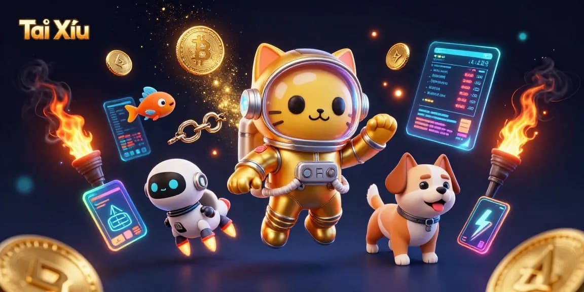Tài Xỉu gameplay featuring a space-themed illustration with a 3D astronaut cat, showcasing cryptocurrency excitement with vibrant graphics.