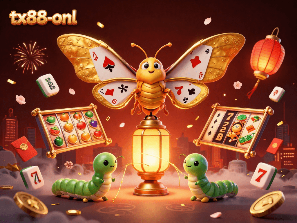Engage with tx88-onl's exciting casino experience, showcasing vibrant slot reels and a majestic moth.