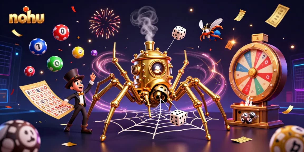 Engage with nohu-themed 3D illustration showcasing a golden spider, Victorian fly, and lottery elements.