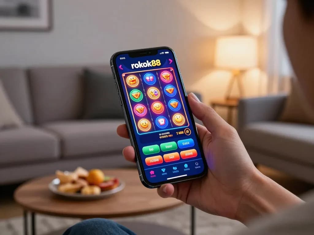 Playing on the rokok88 online casino app with a smartphone in hand, showcasing an exciting slot game.