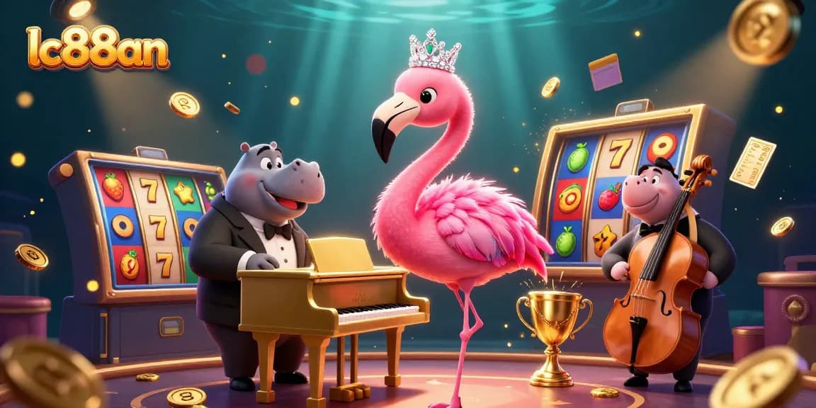 Engage in thrilling casino action at lc88an with a dazzling flamingo singer and hippo bassist amidst vibrant game elements.