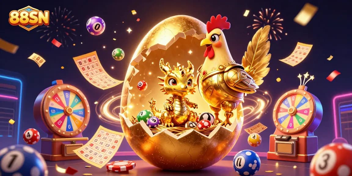 Engage with the thrilling world of 88SN, featuring a golden dragon on poker chips amidst festive elements.