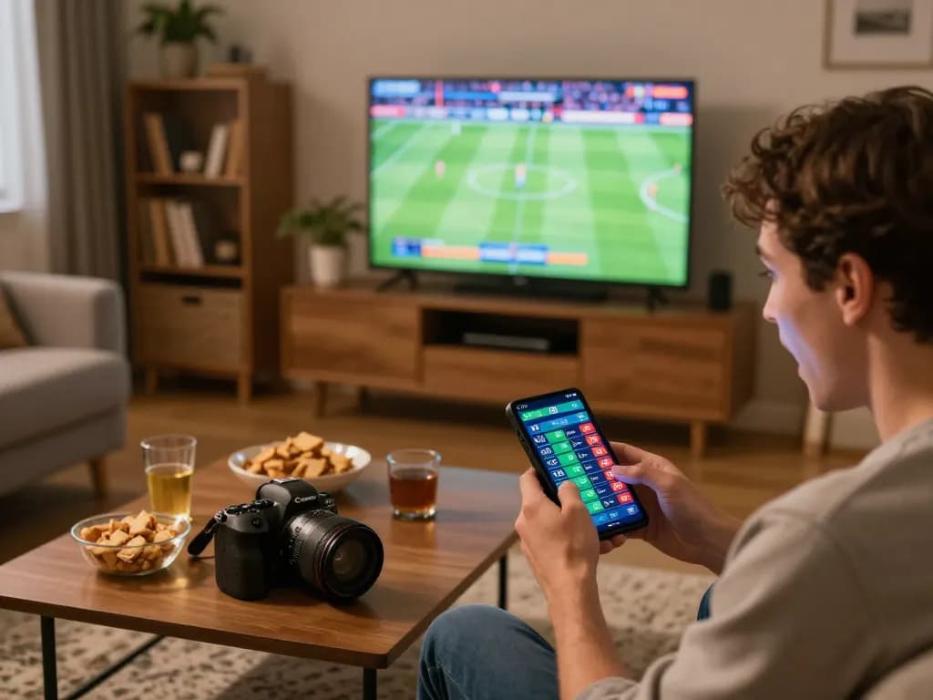 Excited bettor using a mobile device on trang cá cược bóng đá in a cozy living room.