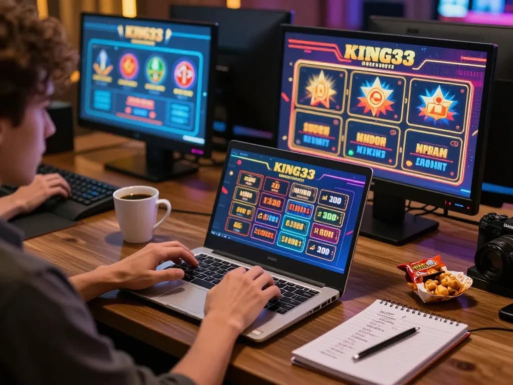 Engaged player experiencing king333 online casino games on laptop in a cozy environment.