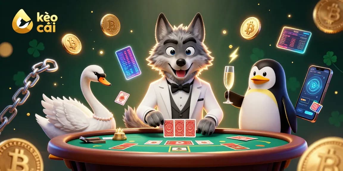 Engage with kèo nhà cái in this lively casino scene featuring a wolf at baccarat.