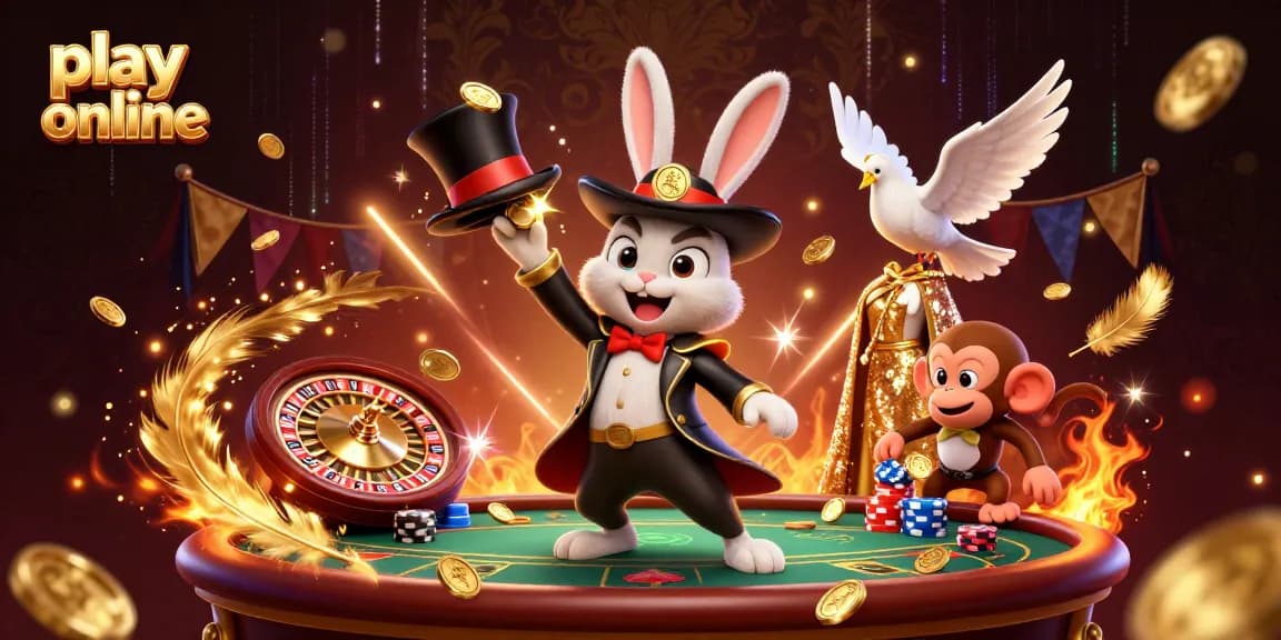 Play online with exciting casino characters including a magician and a monkey amidst vibrant gaming elements.