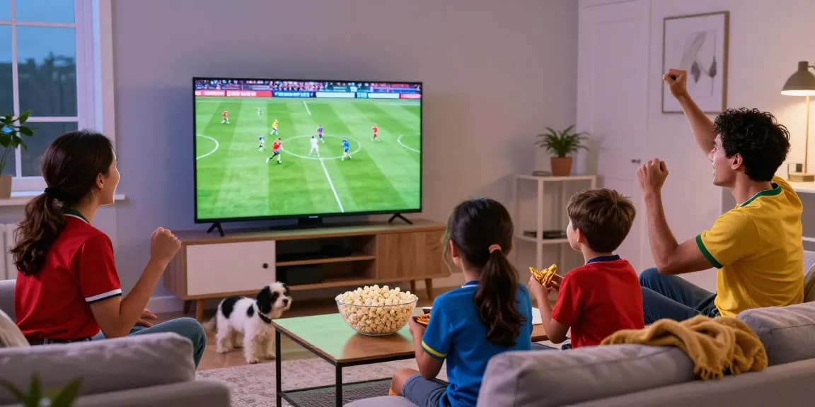 Family enjoying live football match on multicanais in cozy living room.