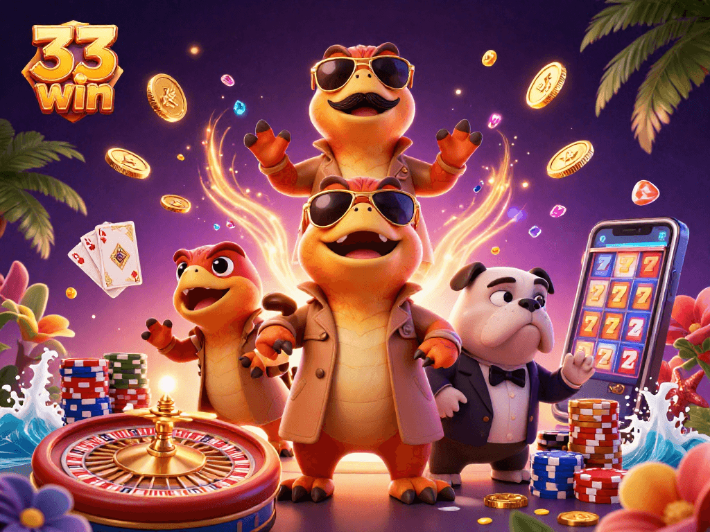 Join the fun at 33 win with raptors in a trench coat aiming for VIP casino access, filled with lively casino elements.