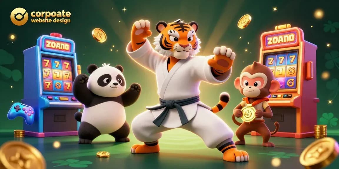 Engage in corporate website design with playful characters at a vibrant casino scene filled with slot machines.