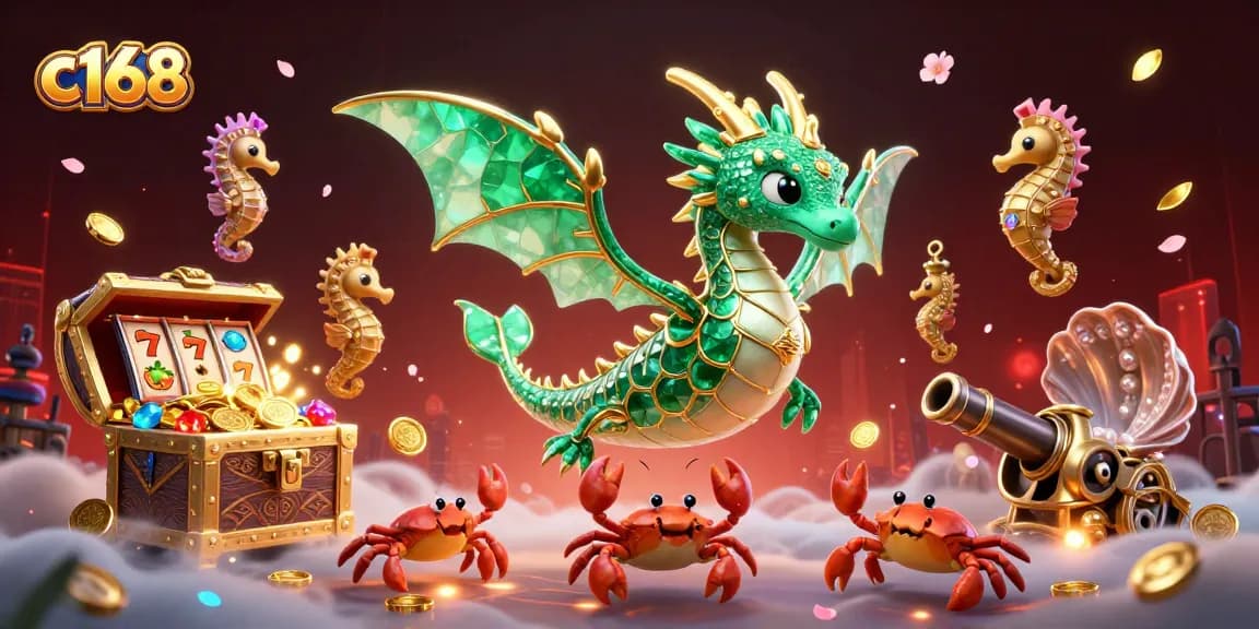 Experience the vibrant world of c168 with a treasure-filled underwater scene featuring a sea dragon and lucky symbols.