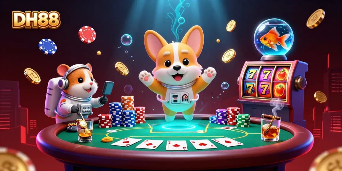 Experience DH88: Play in a thrilling online casino with vibrant characters, floating poker chips, and sparkling slot reels.