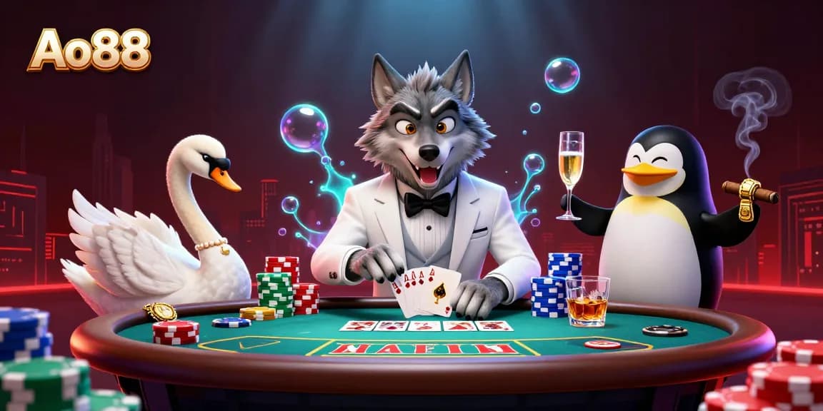 Ao88 offers an immersive gaming experience featuring an elegant wolf, swan, and penguin in a vibrant casino scene.