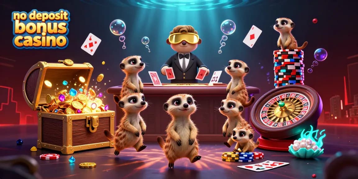 No deposit bonus casino scene with meerkats managing a vibrant casino environment featuring poker and roulette elements.