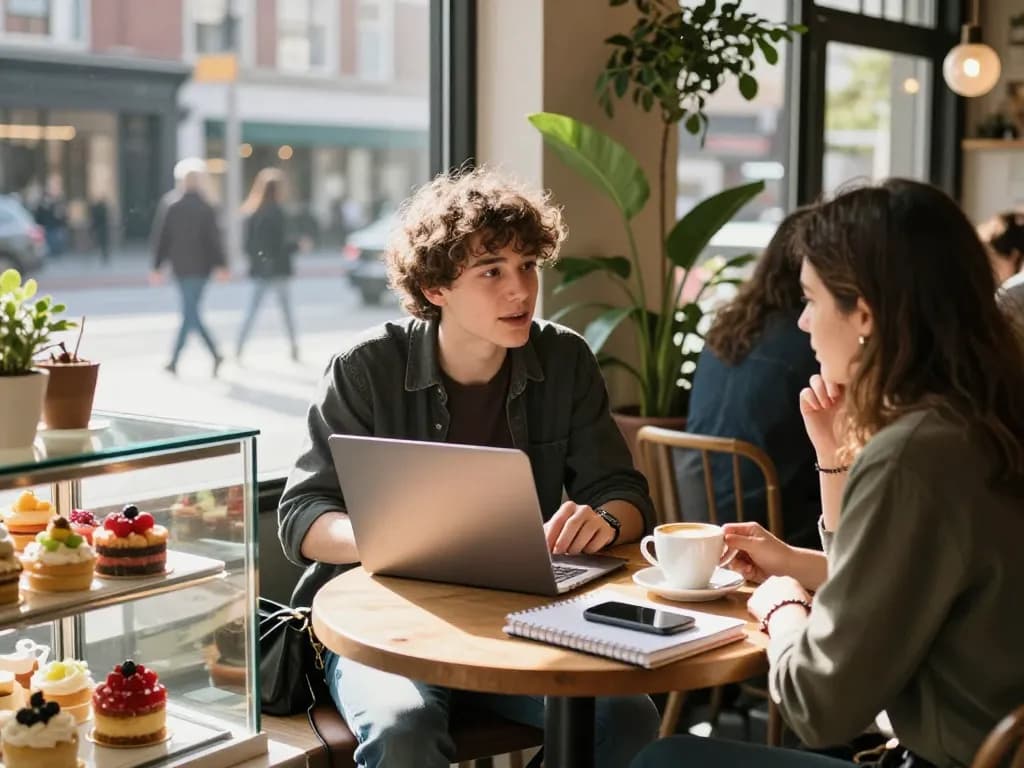 Young adults discussing feelings and crush on someone at an urban café