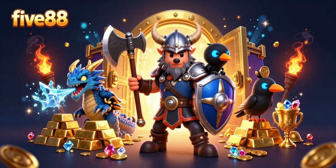 five88 offers exciting casino thrills with a Viking wolf warrior and magical elements in a dynamic scene.