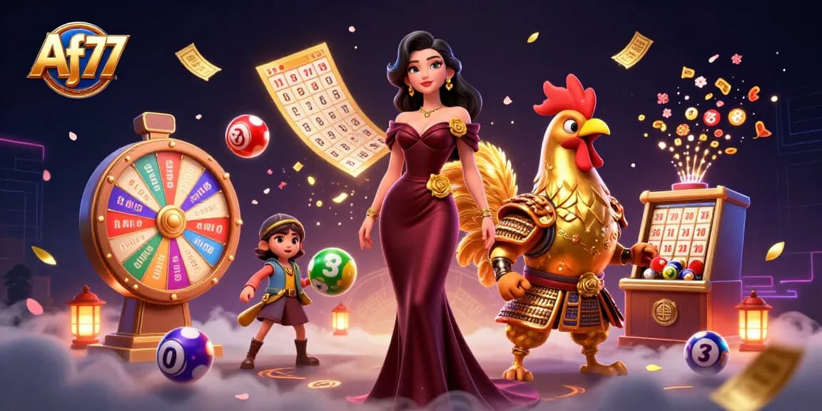 Join Af77 for exciting lottery games, colorful balls, and golden prize elements in an engaging scene.