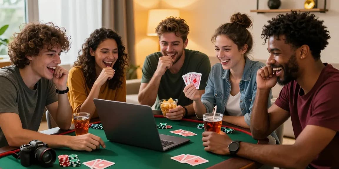Friends enjoying an online gambling session with rokok88, capturing a lively atmosphere filled with excitement.