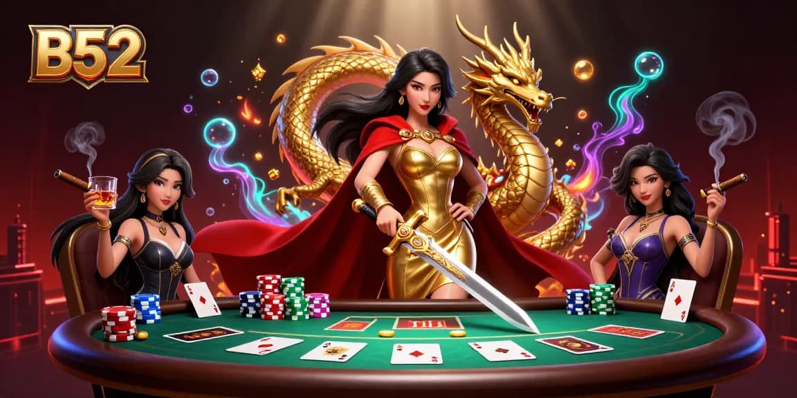 Experience B52 with a gorgeous queen and a golden dragon at a vibrant poker table.