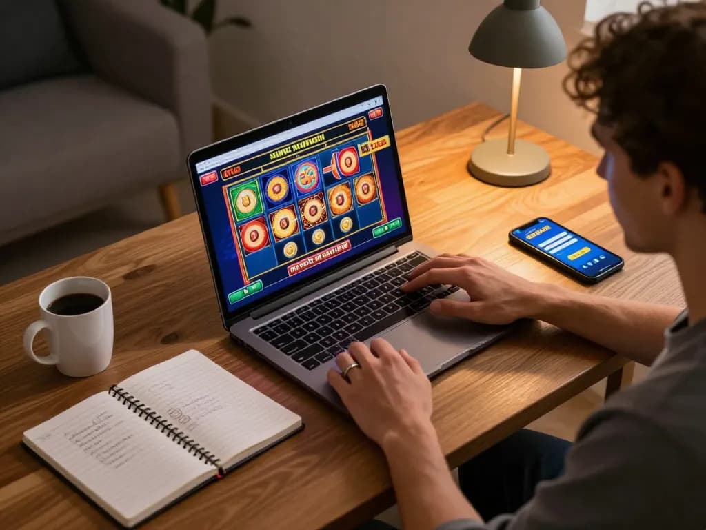 Player engaging in online gambling at 688vbest with laptop and gaming strategy notes