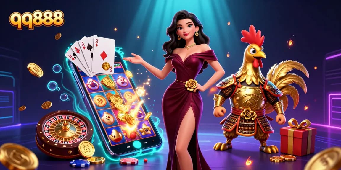 Gire jogos de slot vibrantes e ganhe com qq888 nesta rica ilustração temática de cassino.