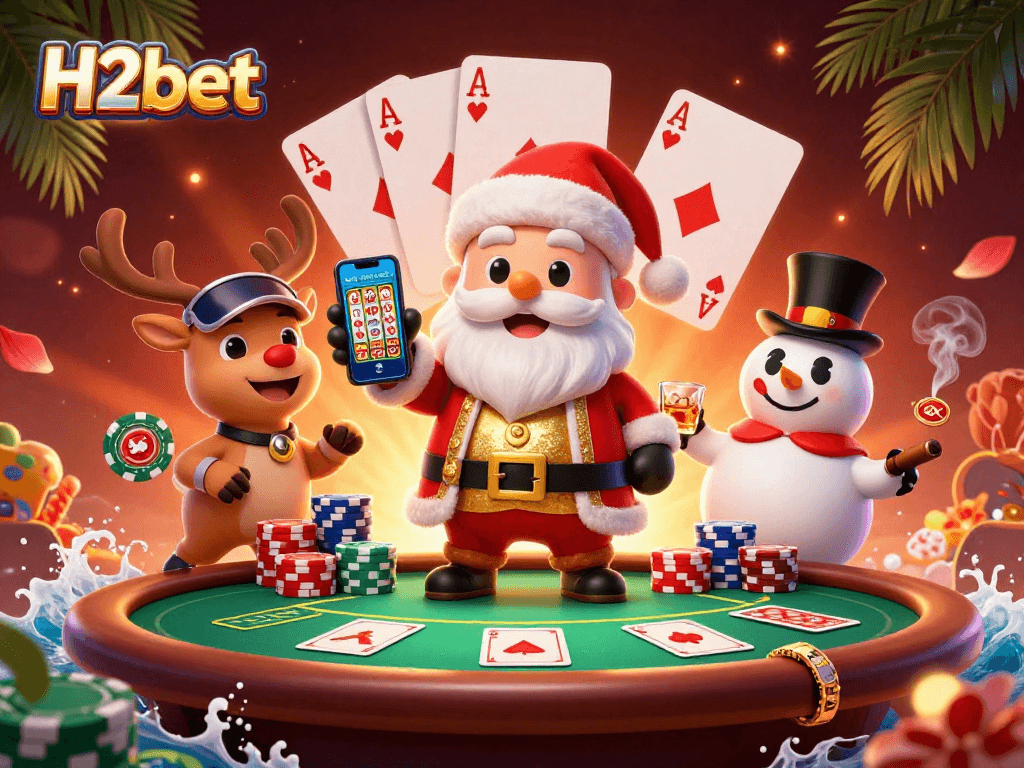 Experience H2bet's exciting jackpot slots with Santa, his reindeer, and a poker-themed snowman.