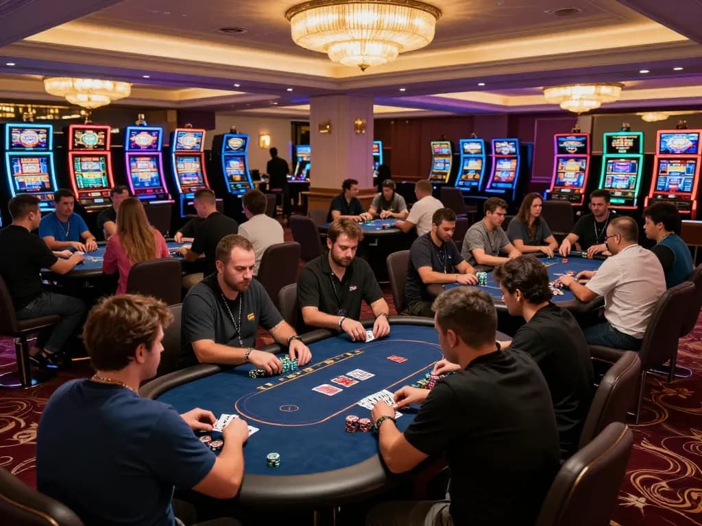 Players engaged at a lively poker table in an upscale casino, showcasing 27G's exciting gaming environment.