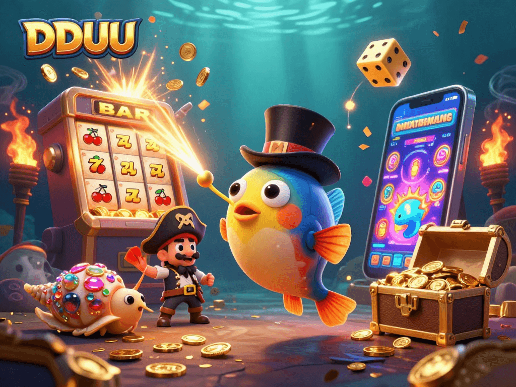 Experience the thrill of DDUU with golden coins and vibrant sea creatures in a dynamic casino scene.