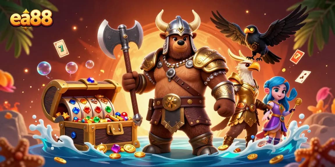 Engage with thrilling ea88 casino gameplay featuring a Viking bear and Valkyrie eagle amidst treasure and slots