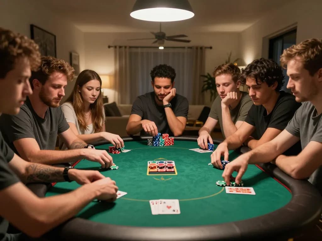 Players enjoy a competitive poker night at home while using 33nn strategies for winning