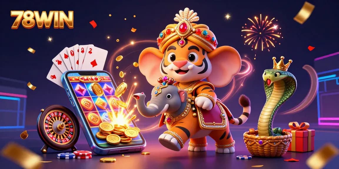Experience thrilling gaming adventures at 78WIN with vibrant 3D visuals of a maharaja and captivating slot games.