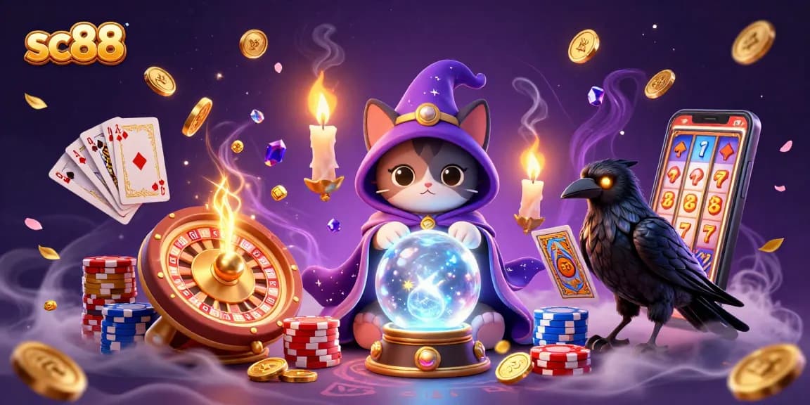 Experience the magic of sc88 with a mystical cat, raven, and dynamic casino elements.