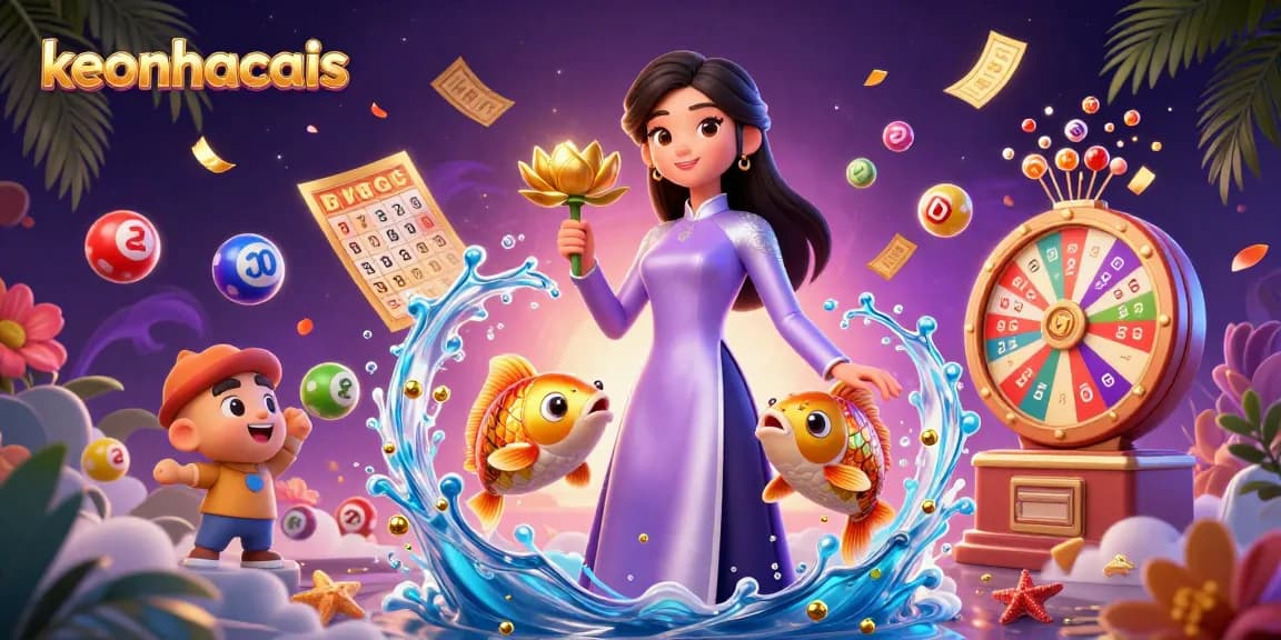 Bet on keonhacais with captivating illustration of a woman and koi fish among vibrant lottery elements.