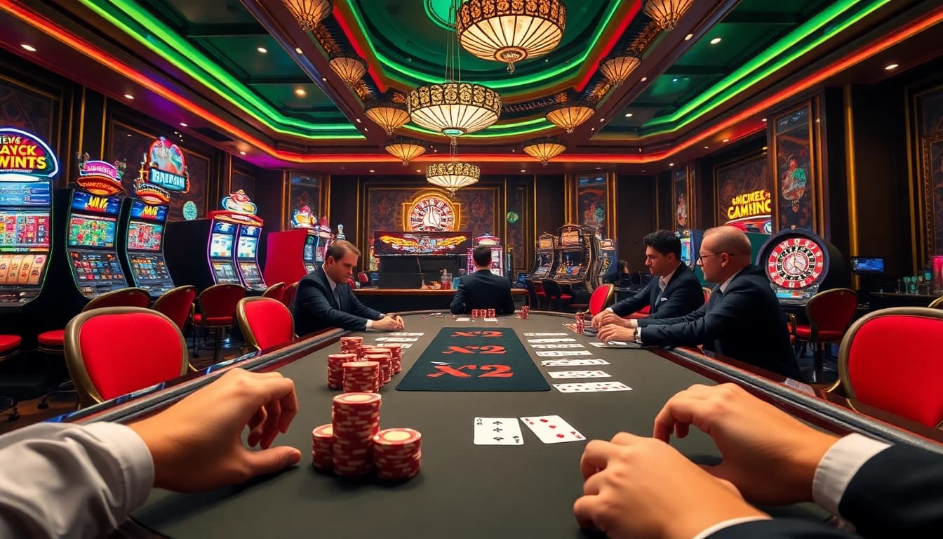 Experience the thrill of link vào 188bet at a luxury casino casino table with vibrant slot machines and poker chips.